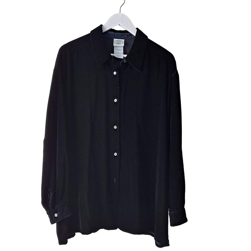 Laura Ashley Velvet Shirt Button Up Long Sleeve Collared Black Womens Size 14